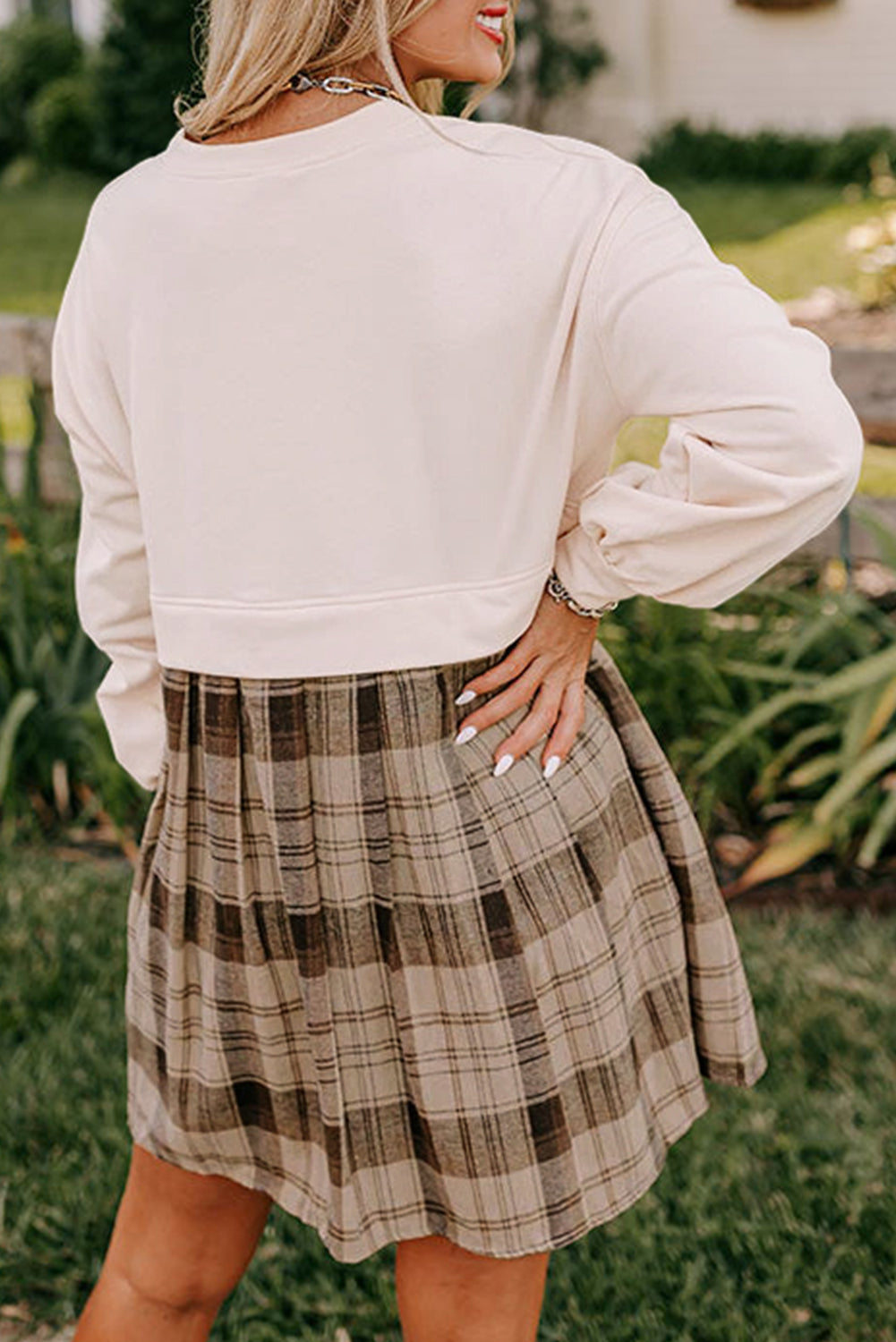 Beige Plaid Sweatshirt Mini Dress (on hand)