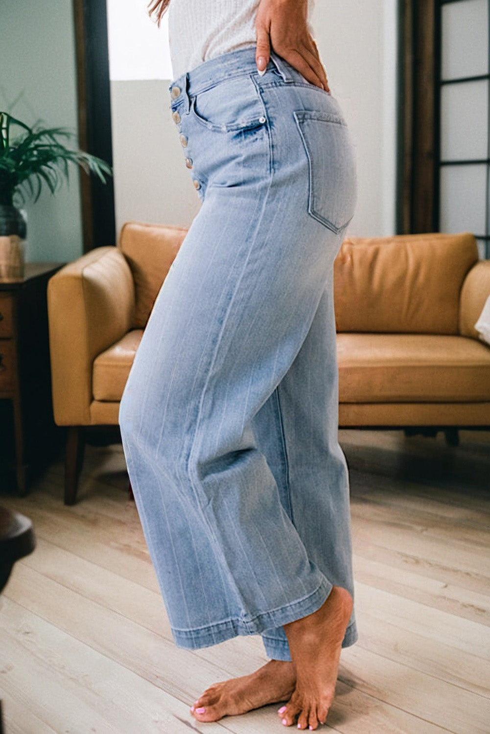Beau Blue Button Front Pinstripe Wide Leg Jeans