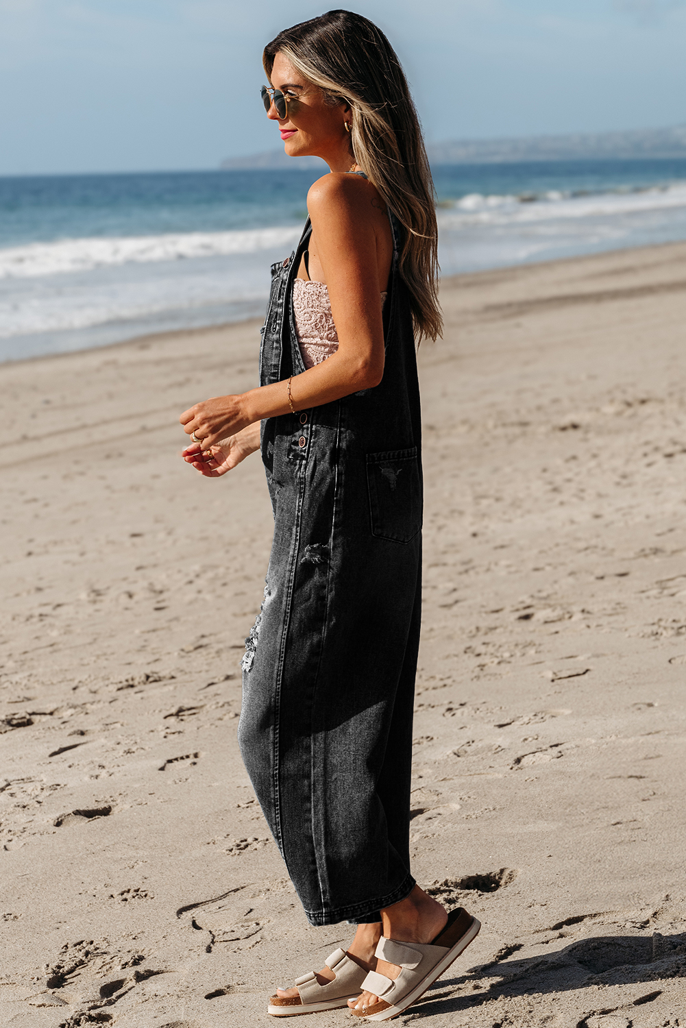 Black Distressed Wide Leg Denim Overall