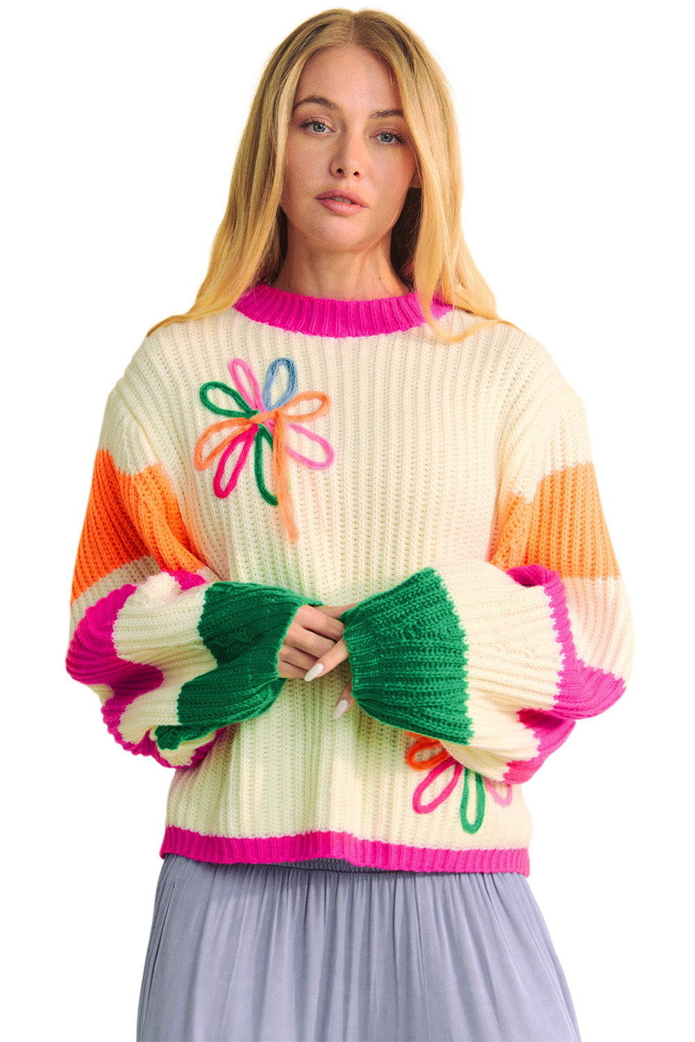 Beige Colorblock Flower Loose Sweater (on hand)