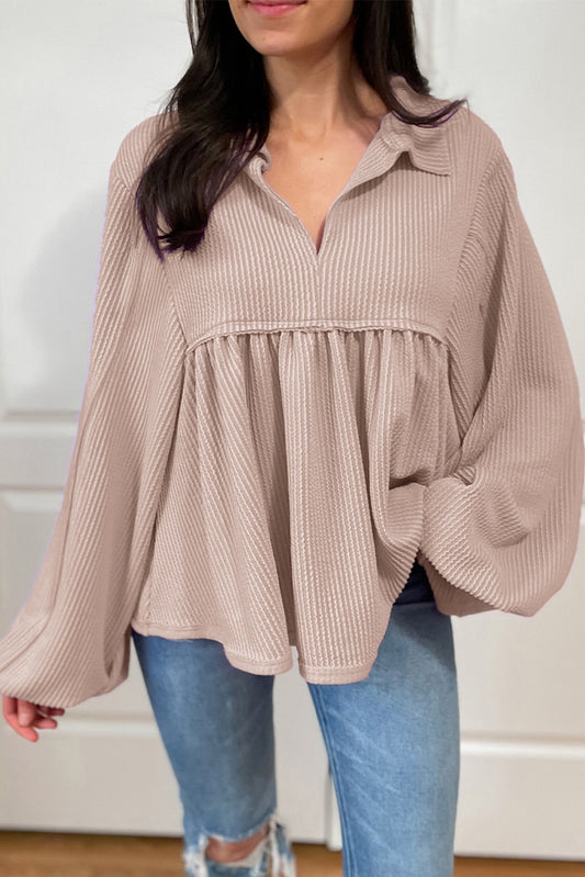 FINAL SALE—Beige Corded Babydoll Blouse-LOCAL