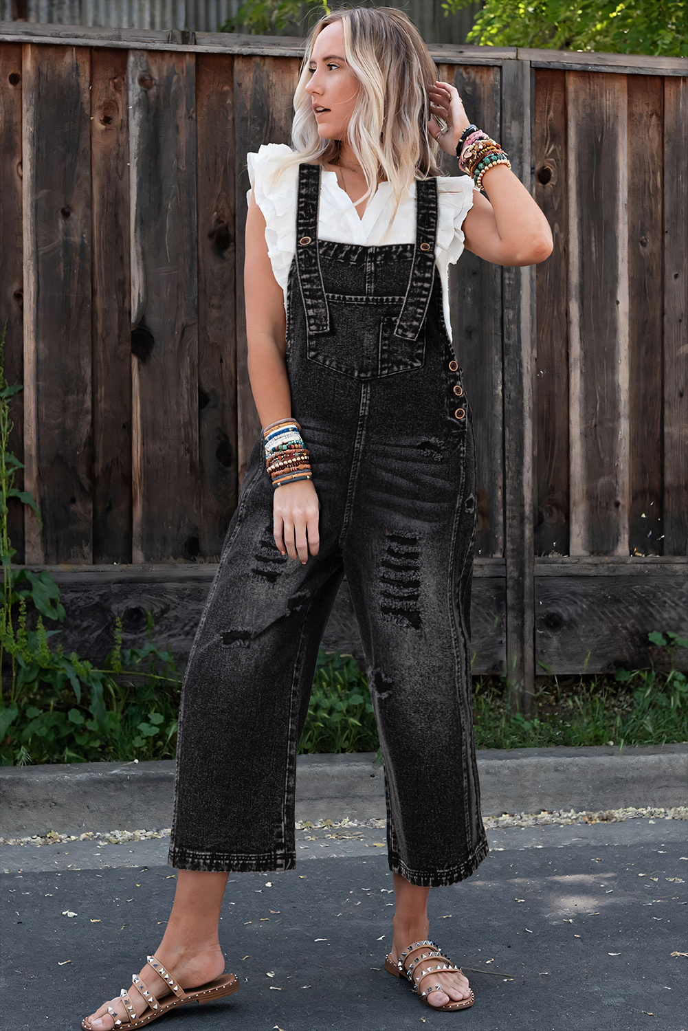 Black Distressed Wide Leg Denim Overall
