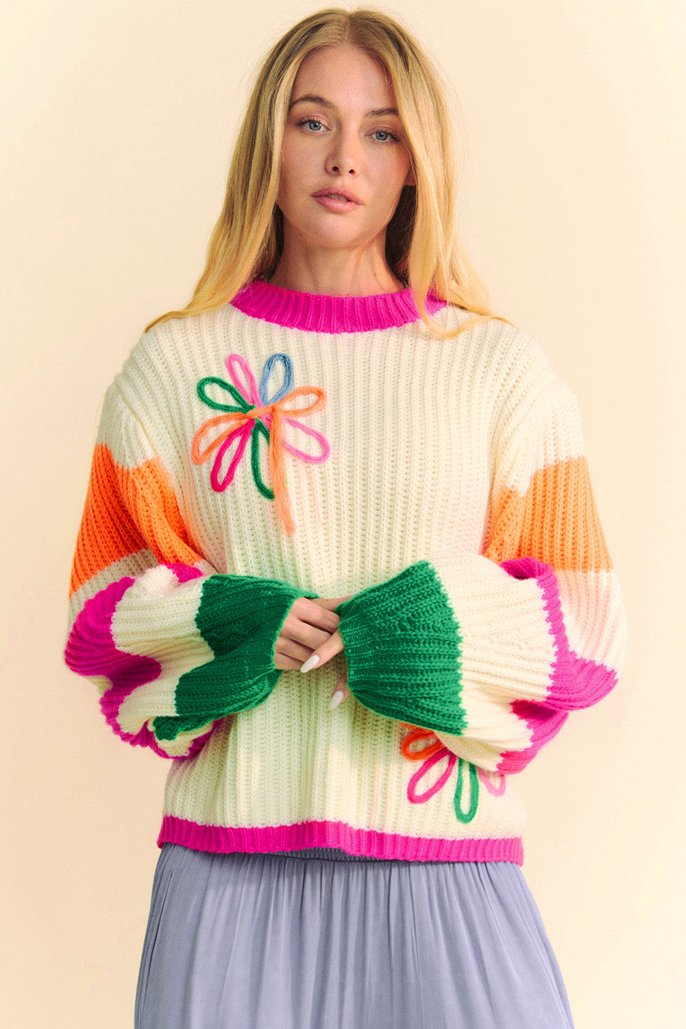 Beige Colorblock Flower Loose Sweater (on hand)