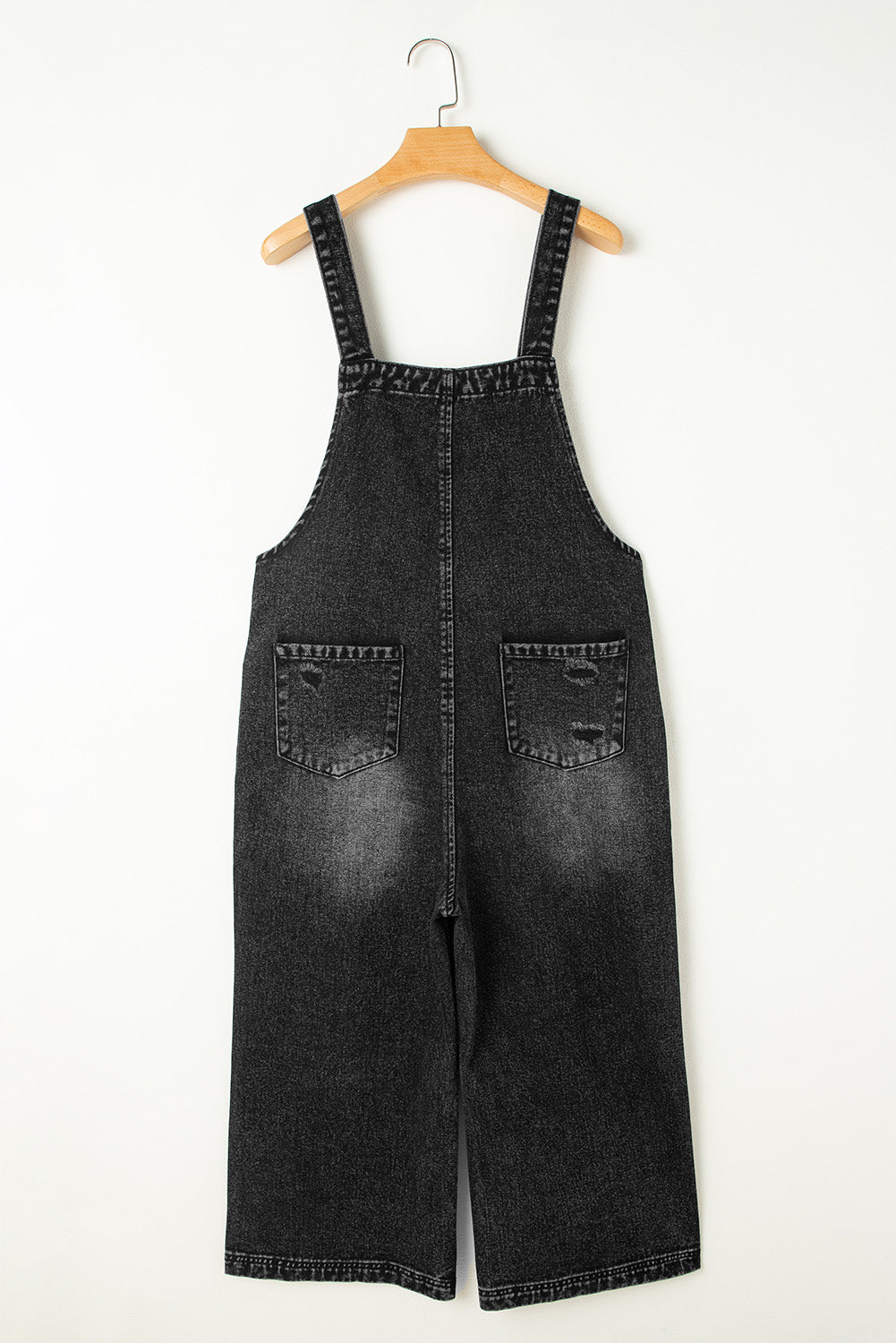 Black Distressed Wide Leg Denim Overall