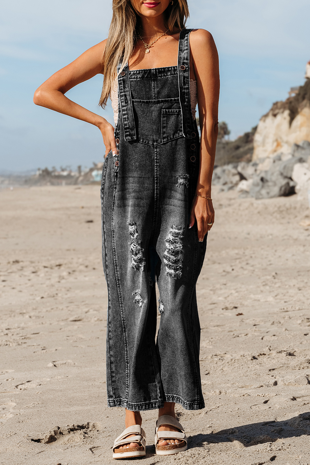Black Distressed Wide Leg Denim Overall