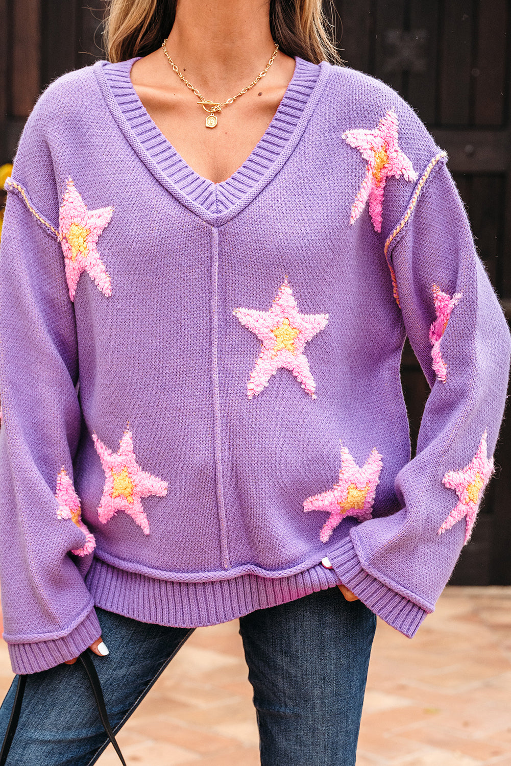 Lavender Brushed Star V Neck Oversize Sweater