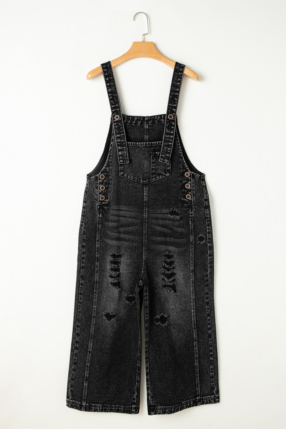 Black Distressed Wide Leg Denim Overall