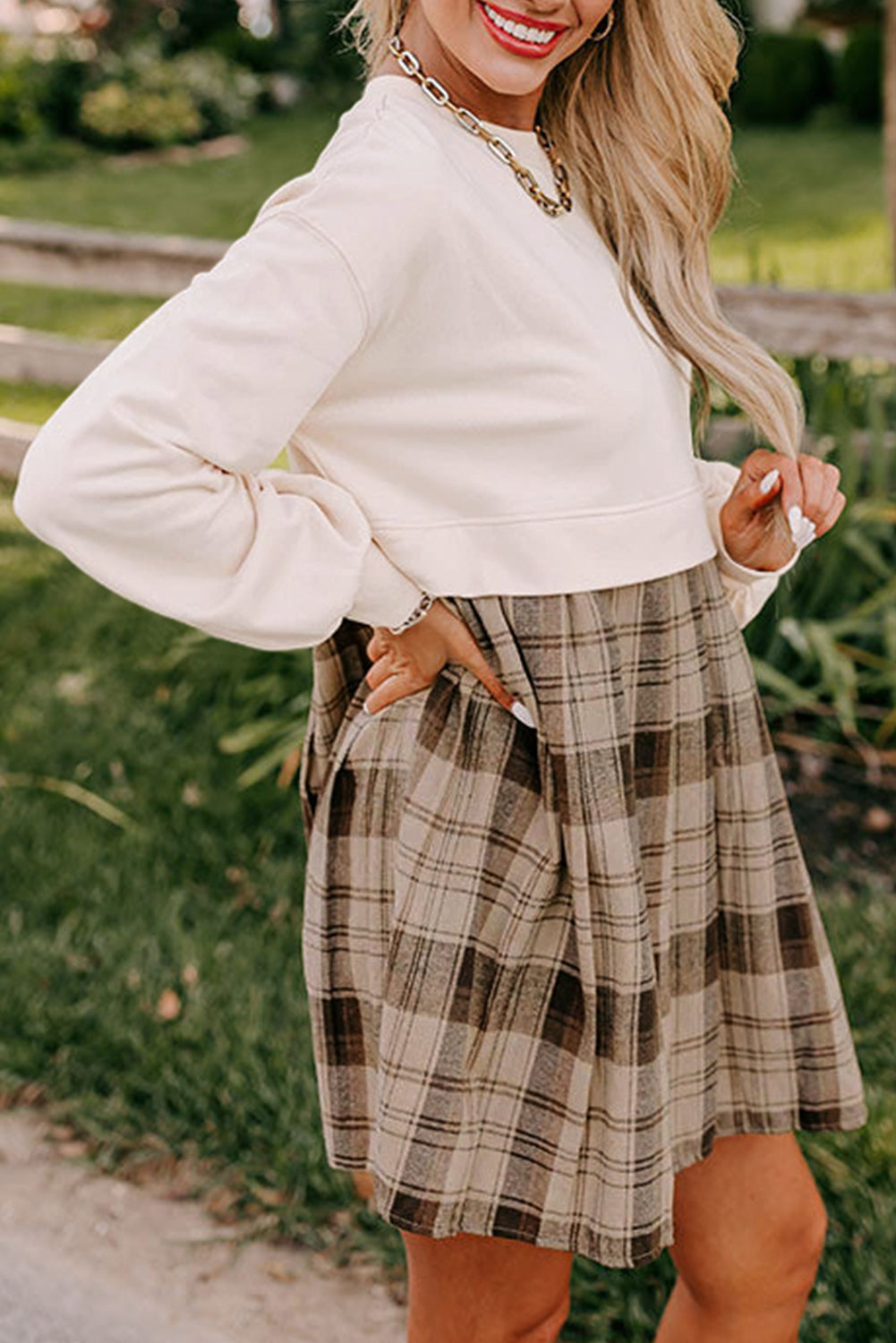 Beige Plaid Sweatshirt Mini Dress (on hand)