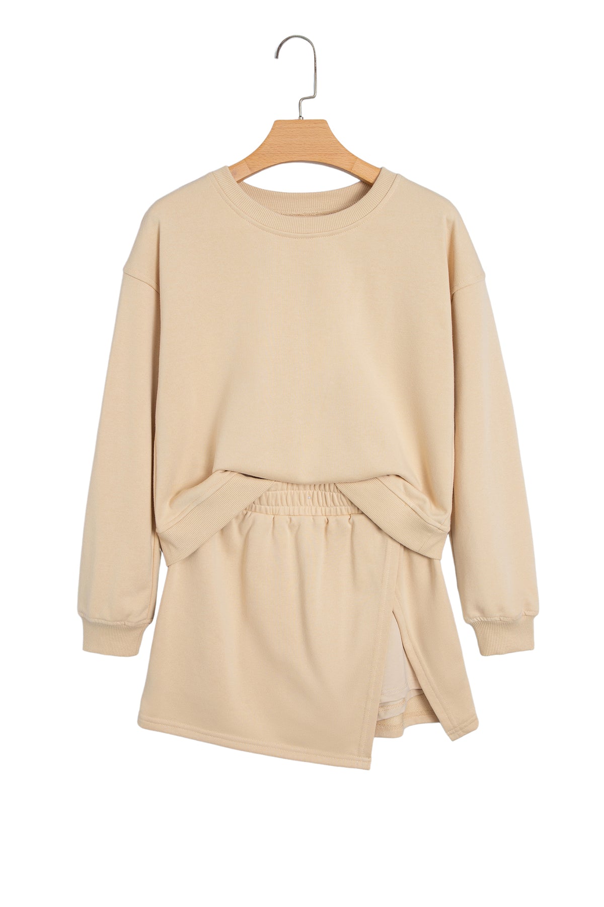 Solid Beige Long Sleeve Top Split Skort Set
