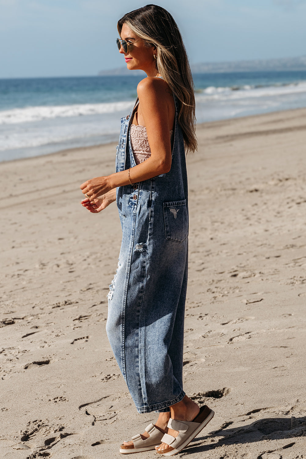 Distressed Wide Leg Denim Overall