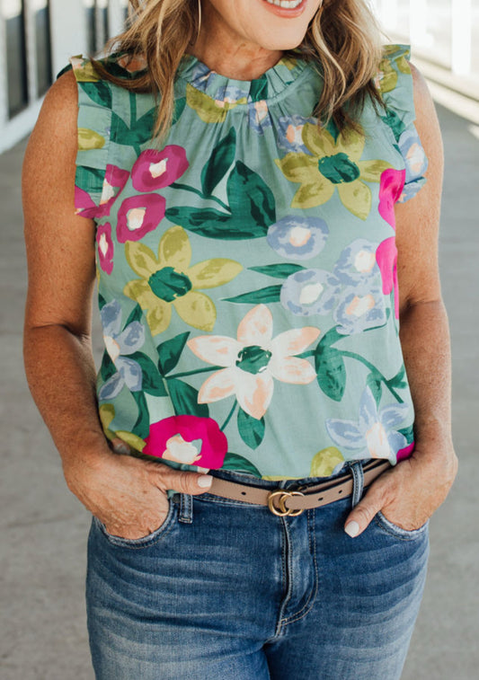 FINAL SALE—Green Floral Blouse-LOCAL