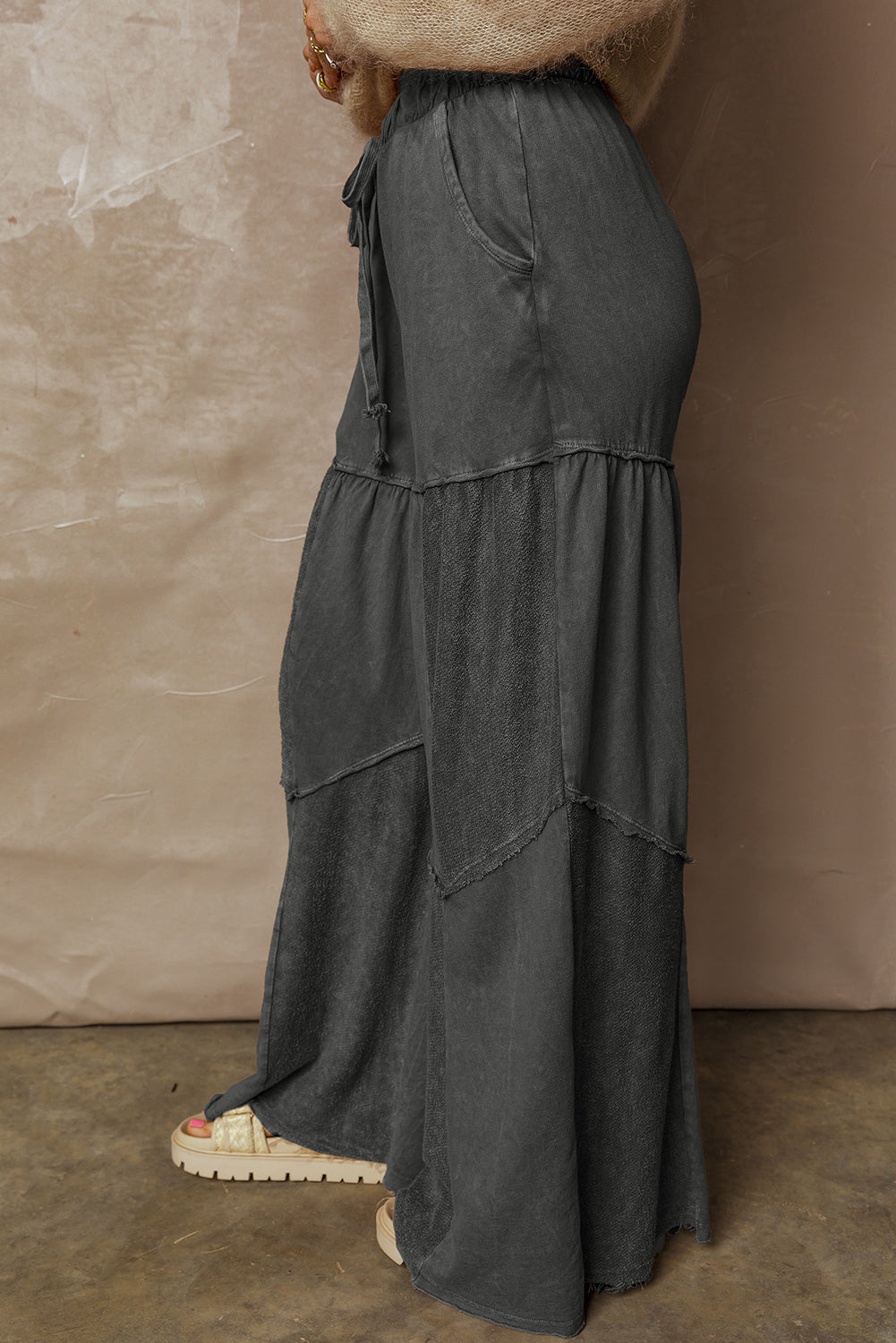 Mauve Mineral Wash Tiered Wide Leg Drawstring Pants