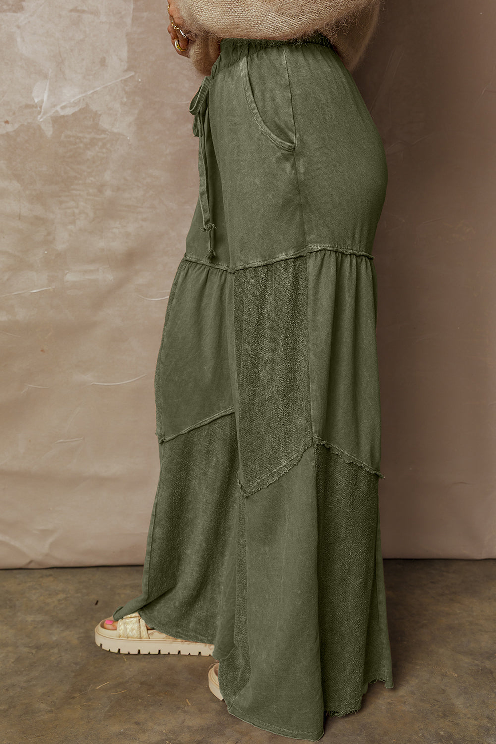 Mauve Mineral Wash Tiered Wide Leg Drawstring Pants