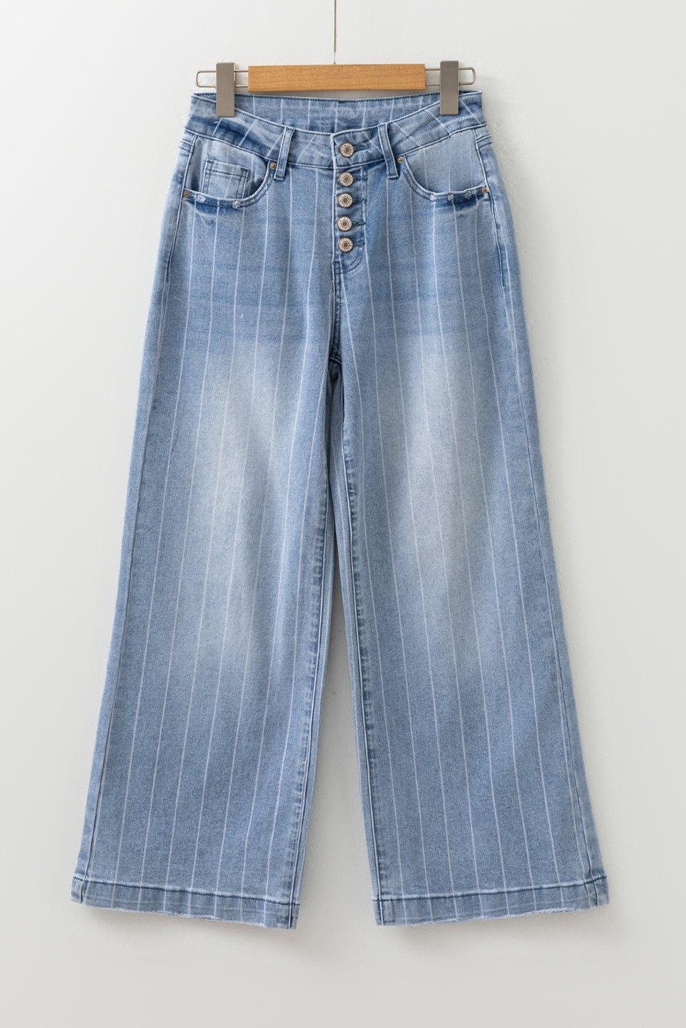 Beau Blue Button Front Pinstripe Wide Leg Jeans