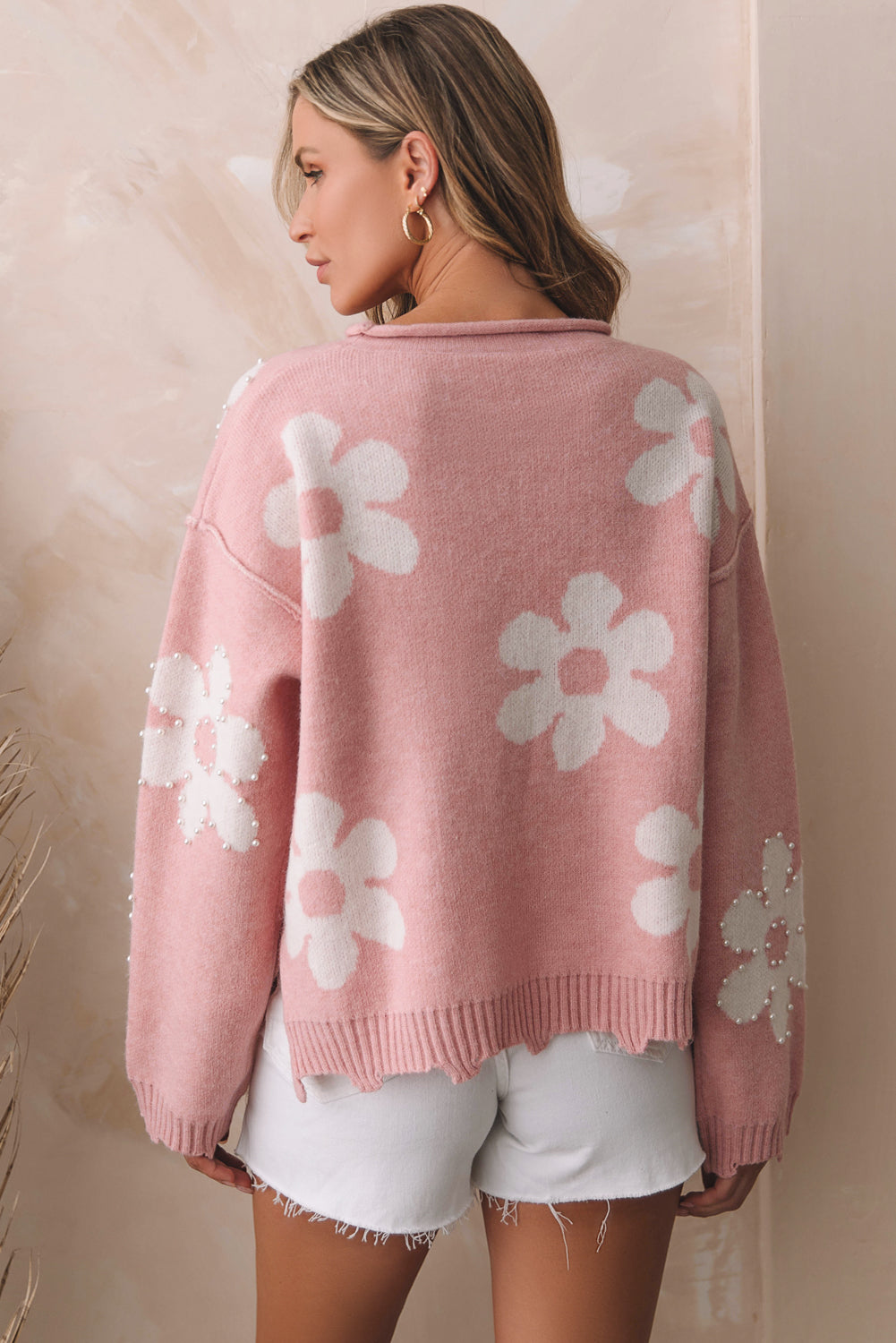 Pink Pearl Beaded Floral Drop Shoulder Sweater (on hand)