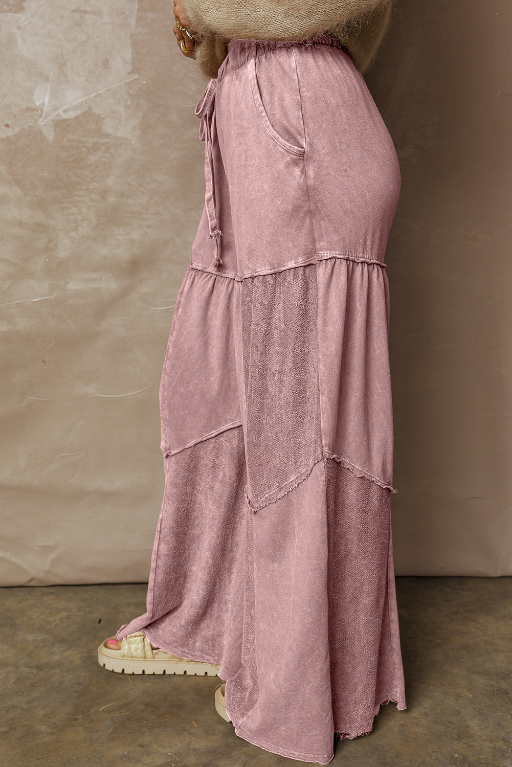 Mauve Mineral Wash Tiered Wide Leg Drawstring Pants