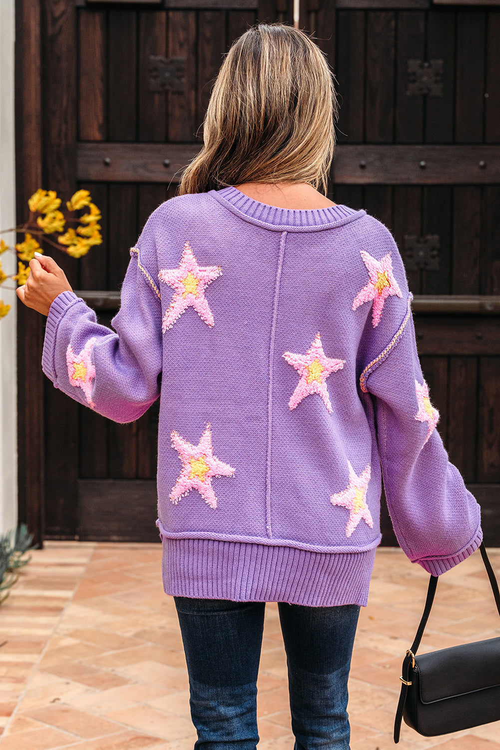 Lavender Brushed Star V Neck Oversize Sweater