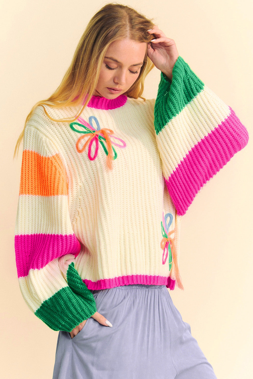 Beige Colorblock Flower Loose Sweater (on hand)