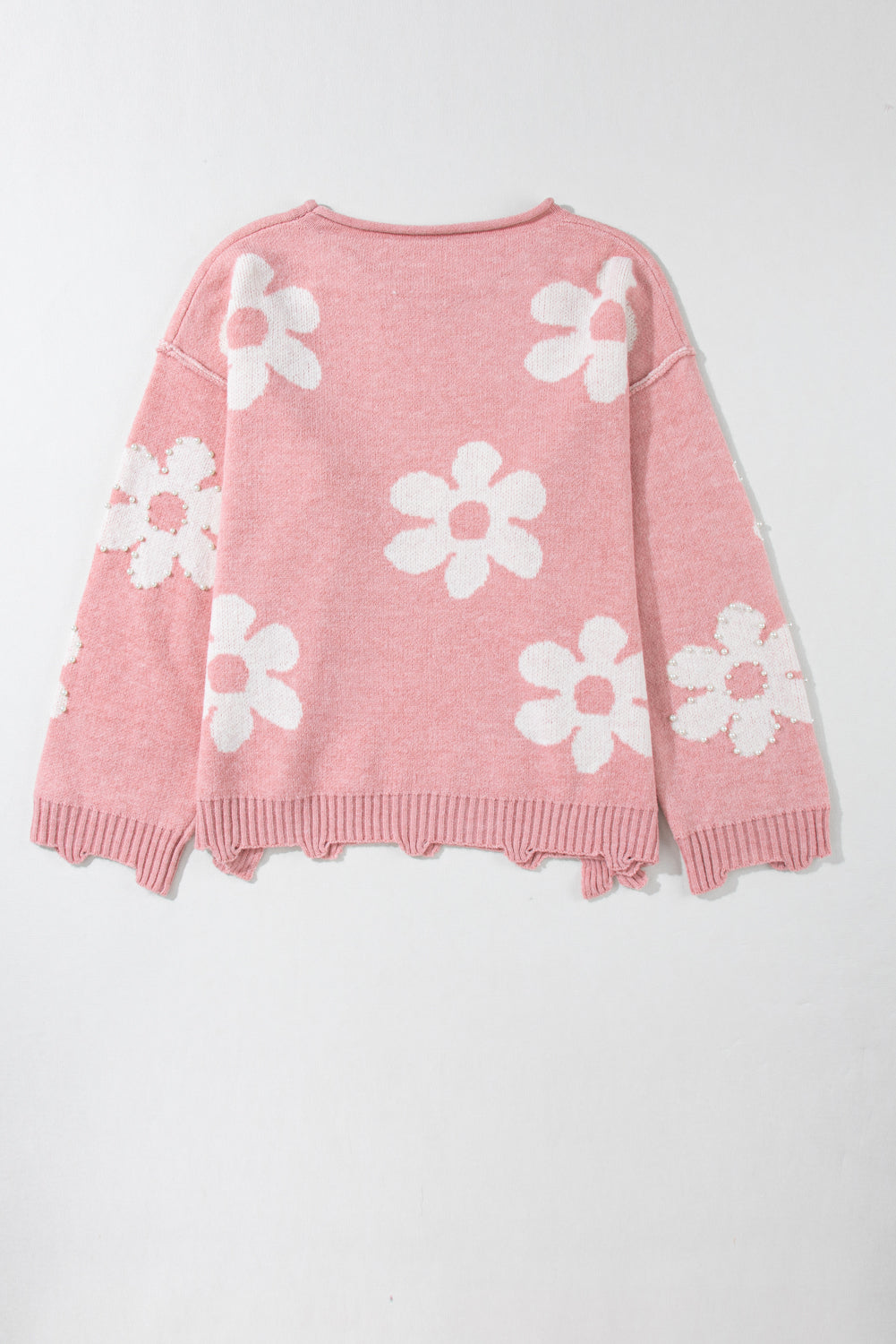 Pink Pearl Beaded Floral Drop Shoulder Sweater (on hand)