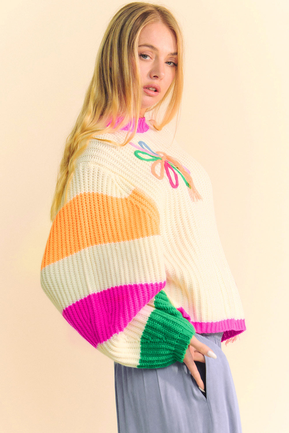 Beige Colorblock Flower Loose Sweater (on hand)