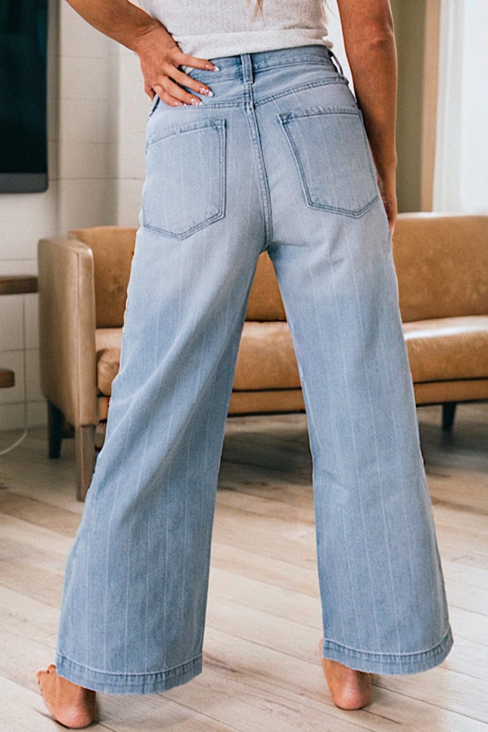 Beau Blue Button Front Pinstripe Wide Leg Jeans