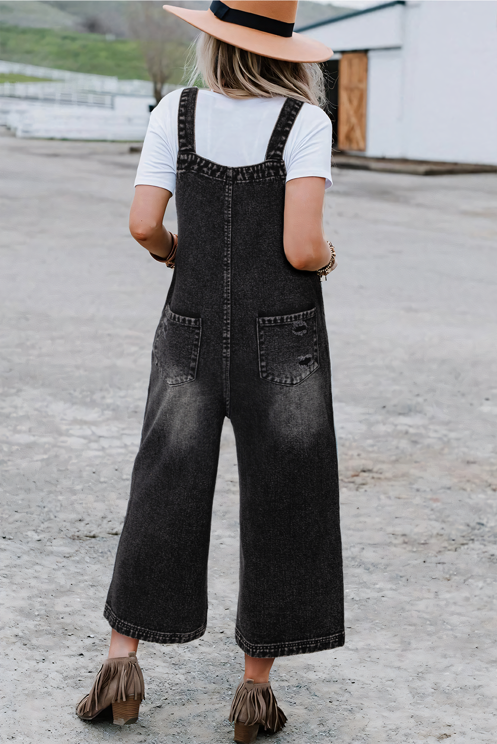 Black Distressed Wide Leg Denim Overall