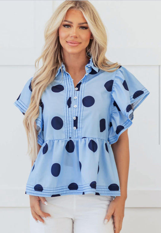FINAL SALE—Blue and Navy Polkadot Blouse-LOCAL