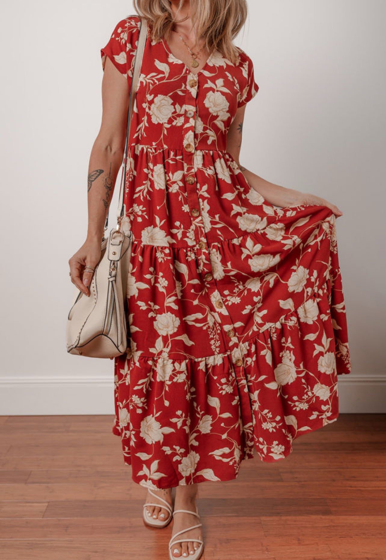 Red Floral Short Sleeve Midi Dress