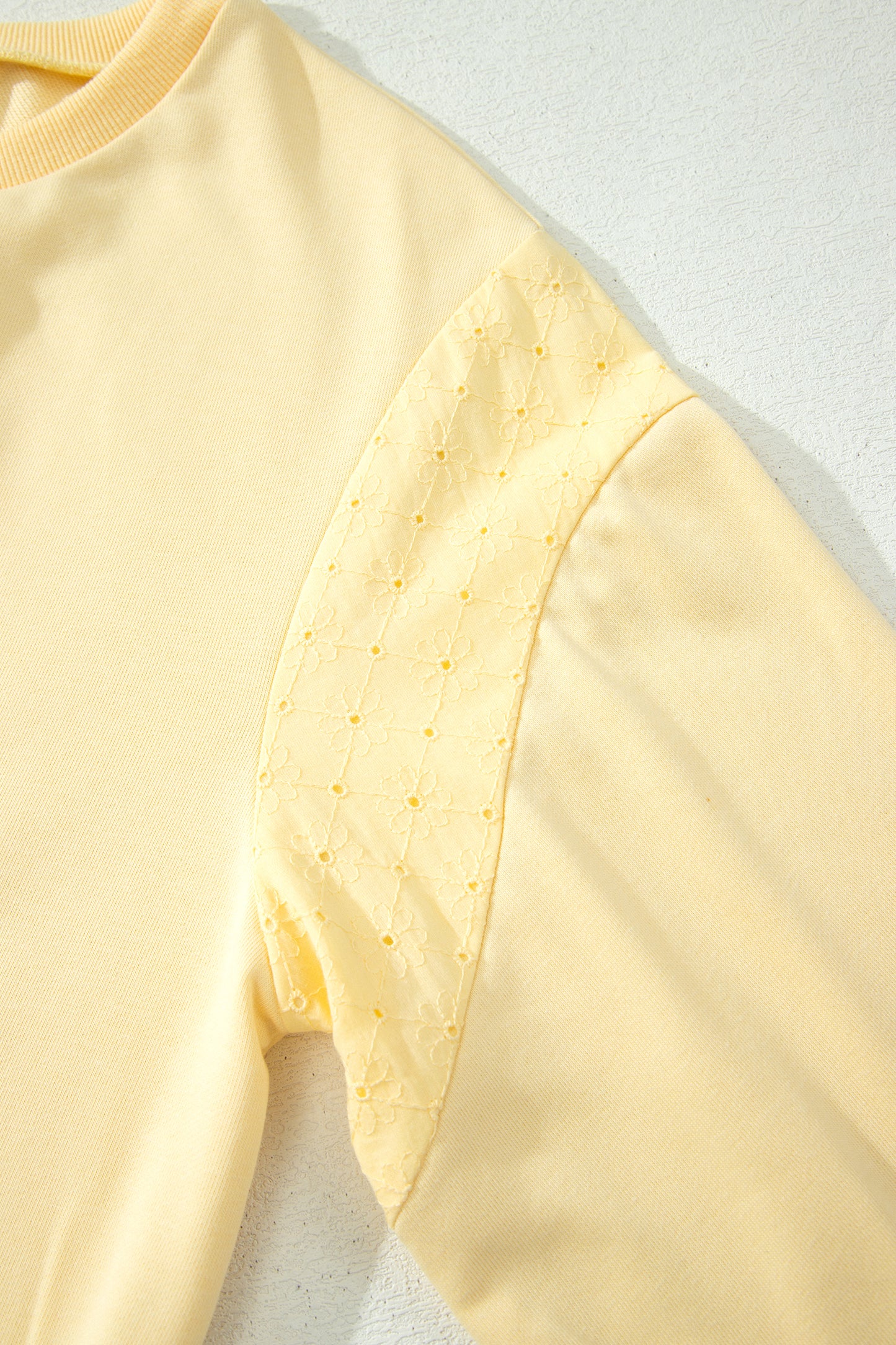 Soft Yellow Eyelet Patchwork Cropped Pullover Drawstring Pants Set