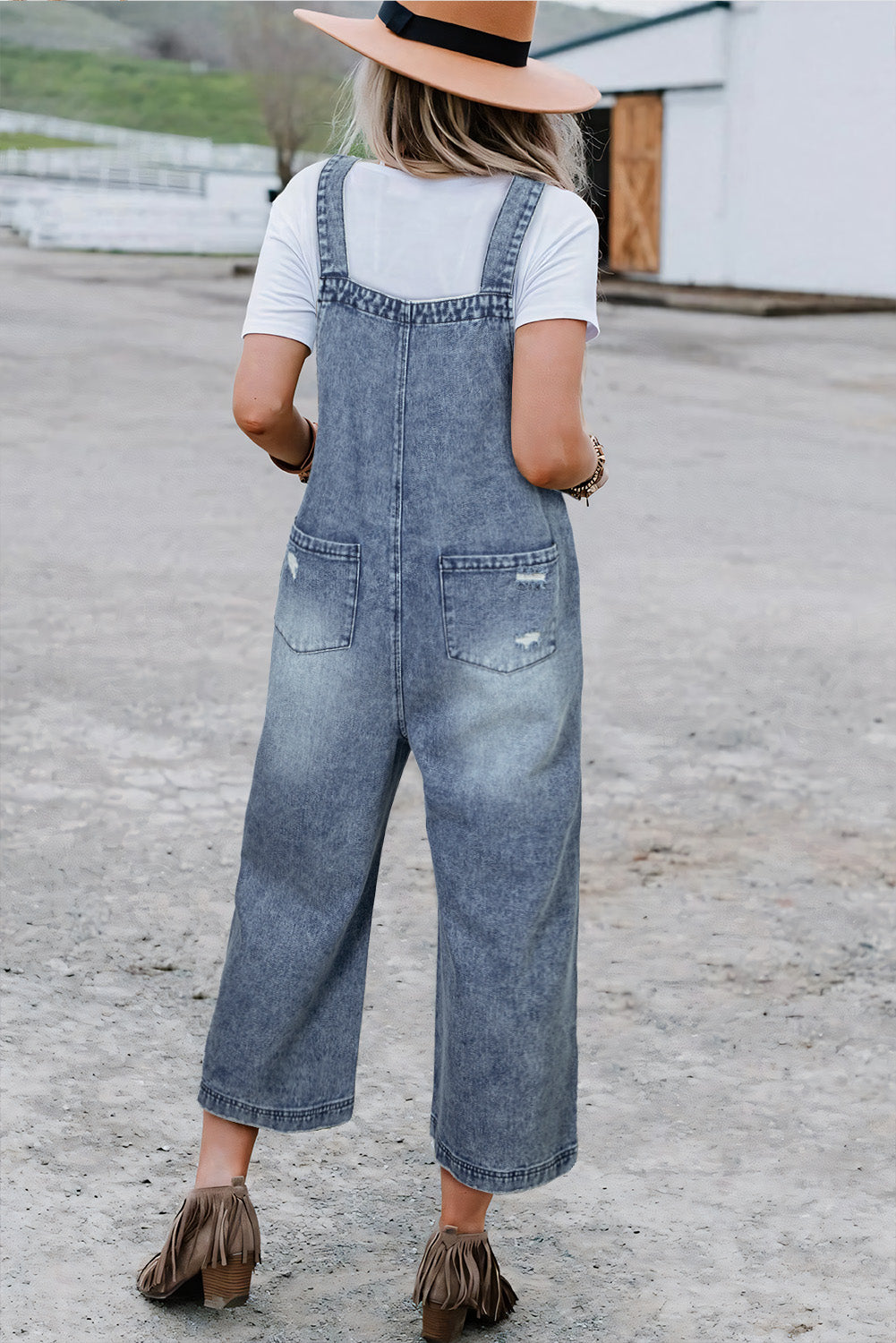 Distressed Wide Leg Denim Overall