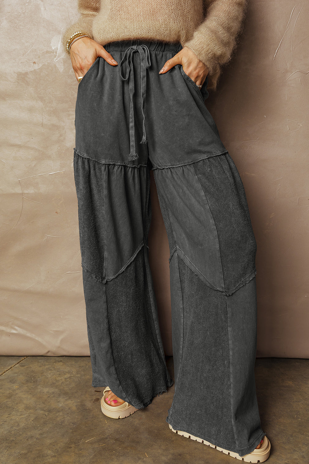 Mauve Mineral Wash Tiered Wide Leg Drawstring Pants