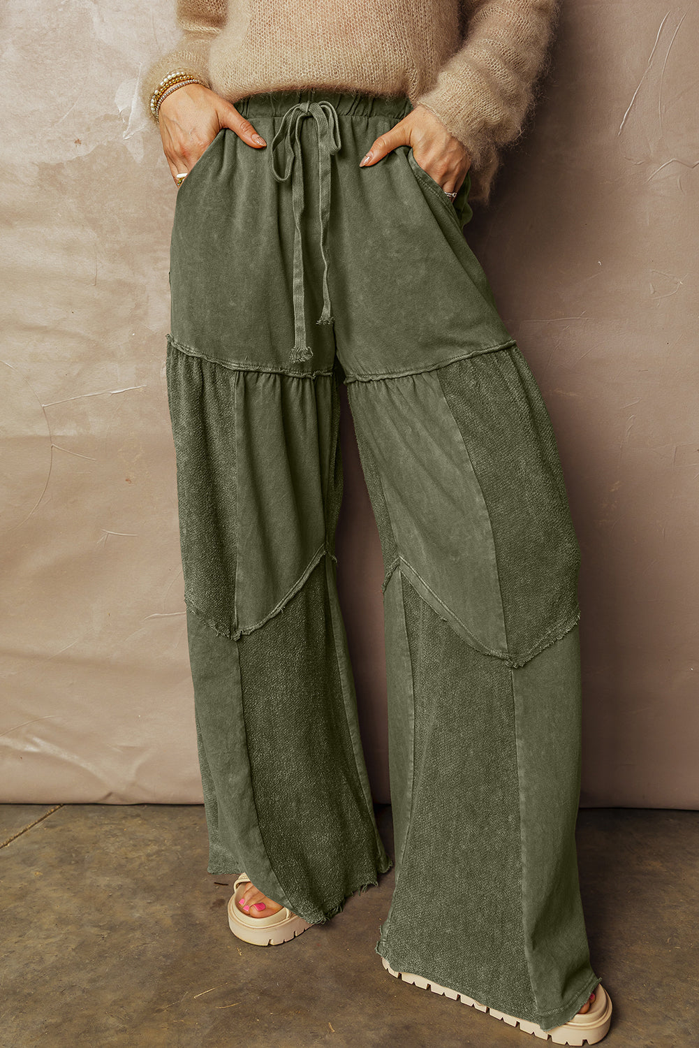 Mauve Mineral Wash Tiered Wide Leg Drawstring Pants