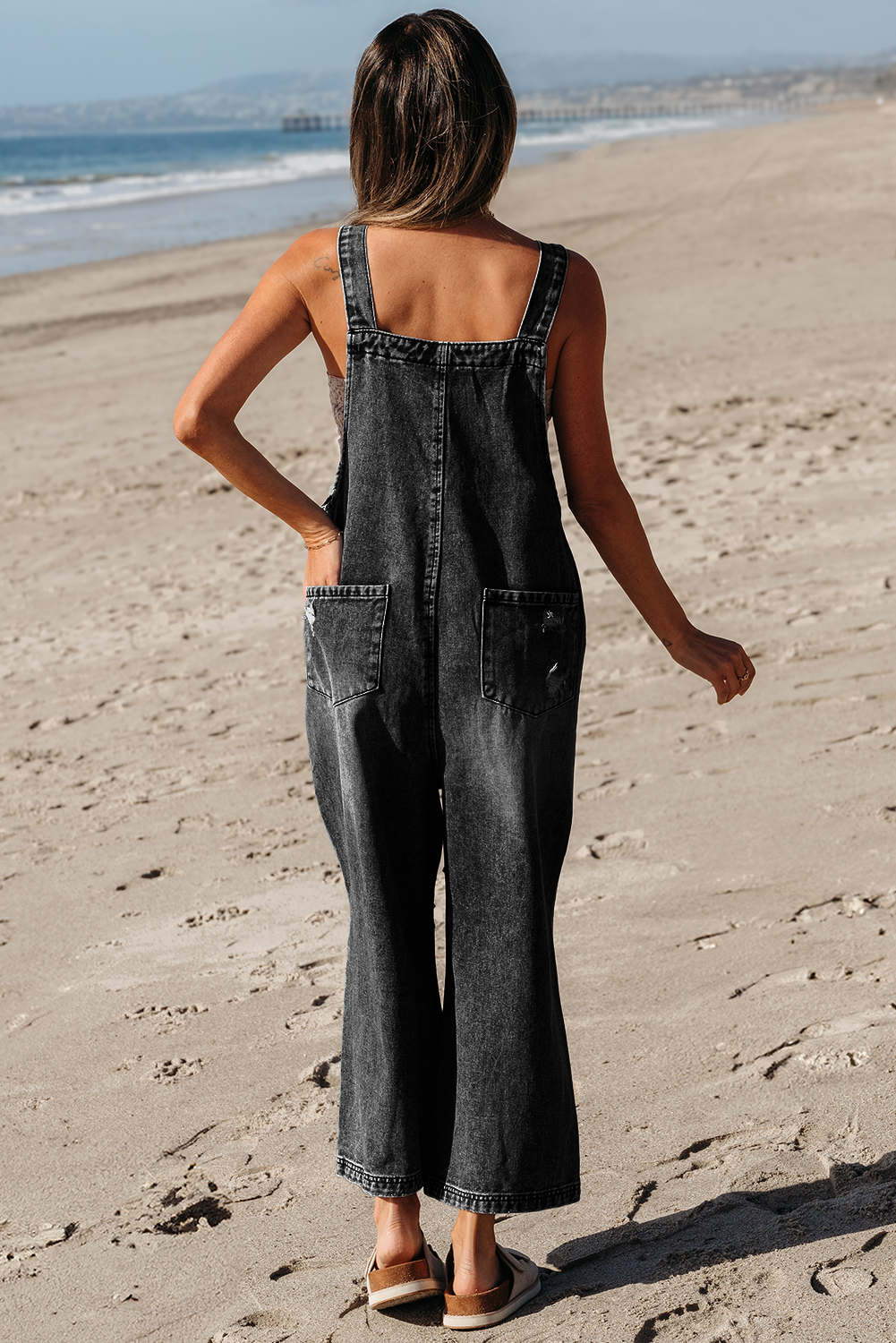 Black Distressed Wide Leg Denim Overall