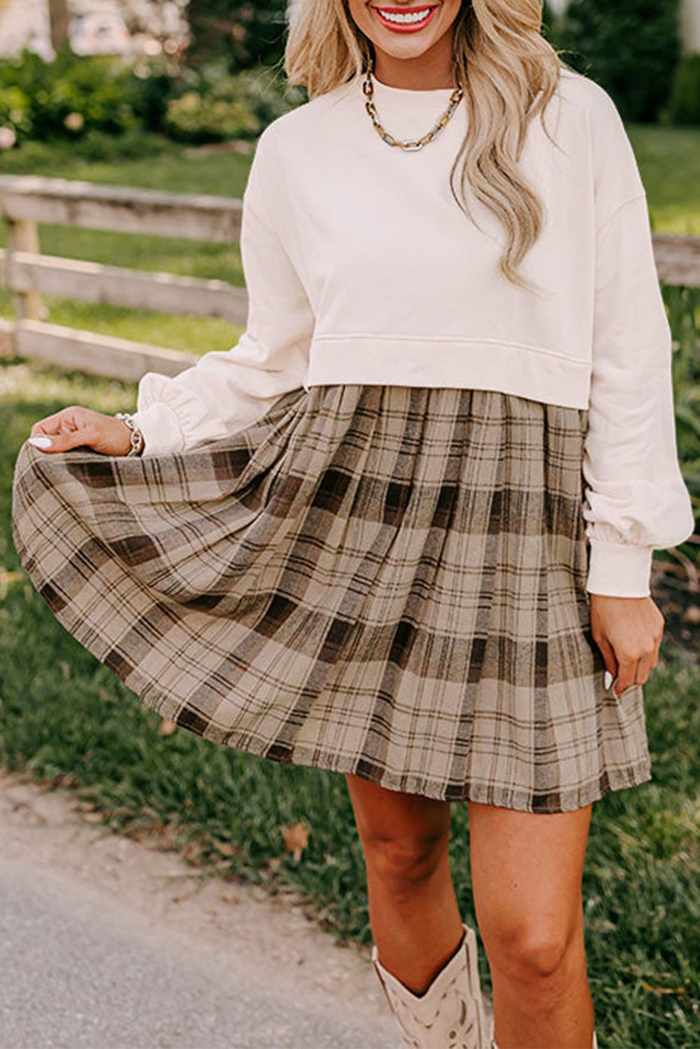 FINAL SALE—Beige Plaid Sweatshirt Mini Dress-LOCAL