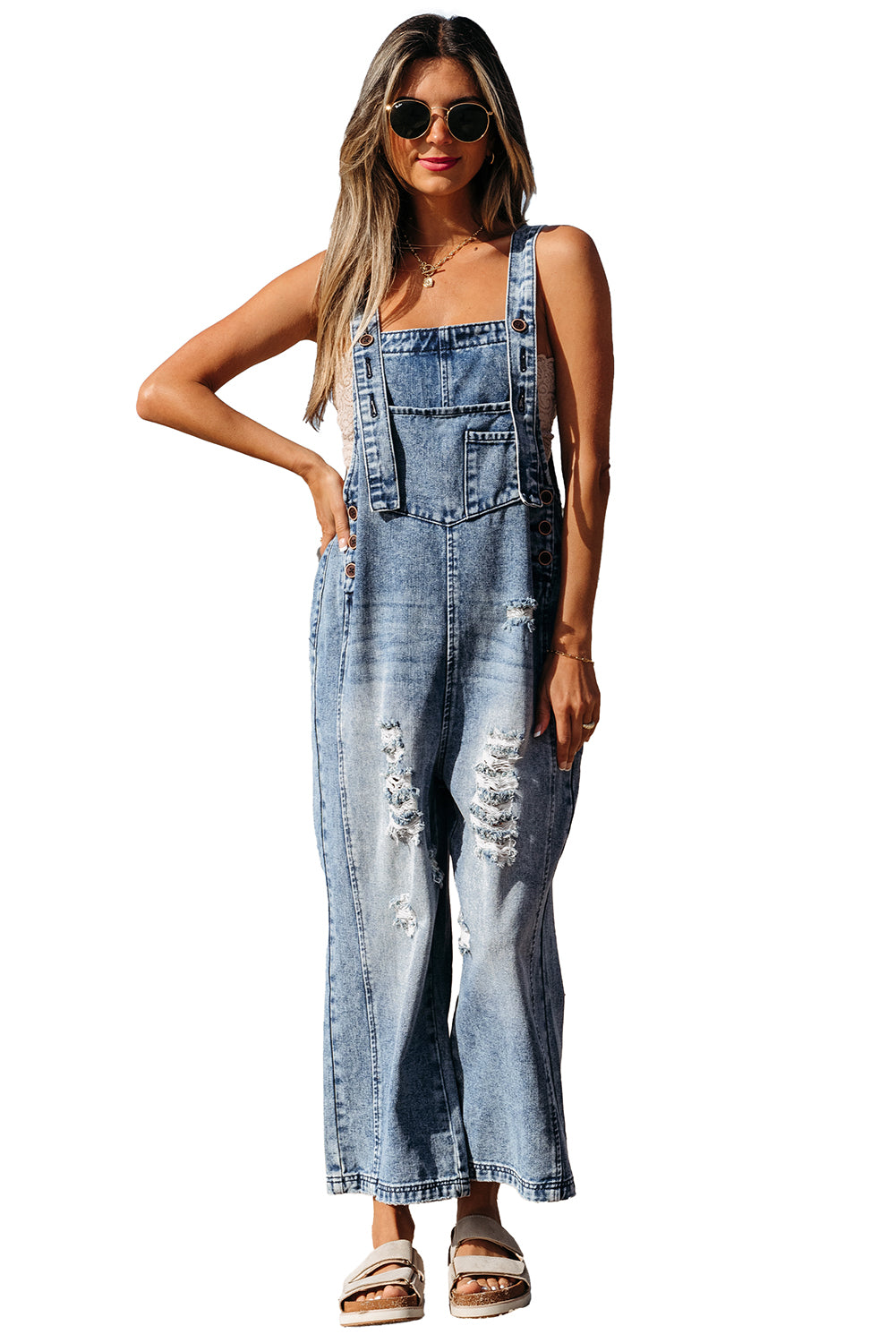 Distressed Wide Leg Denim Overall
