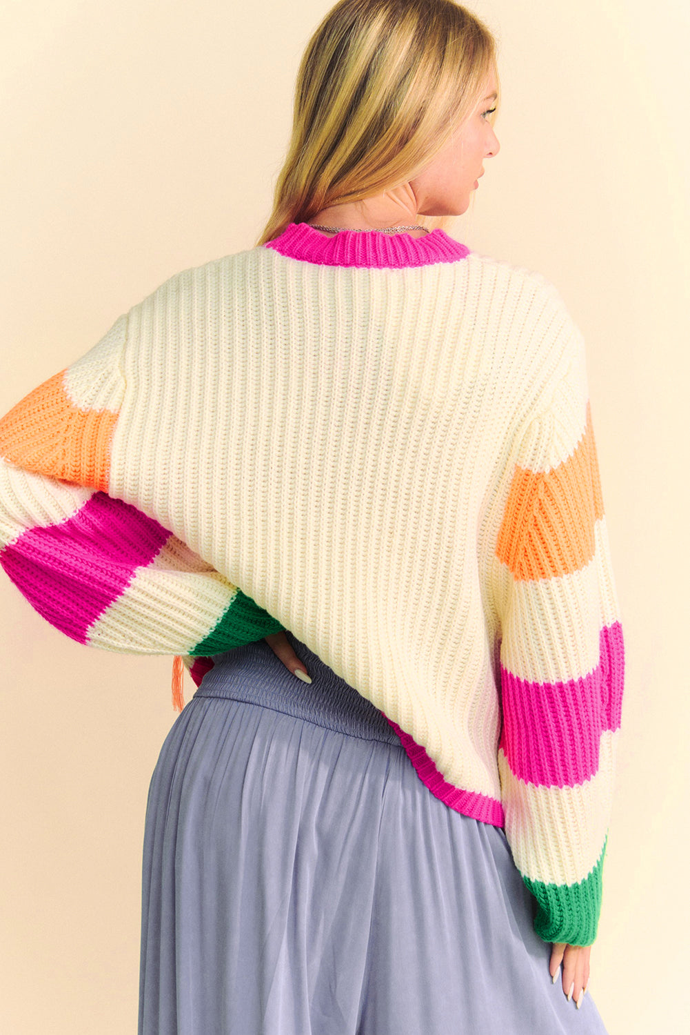Beige Colorblock Flower Loose Sweater (on hand)