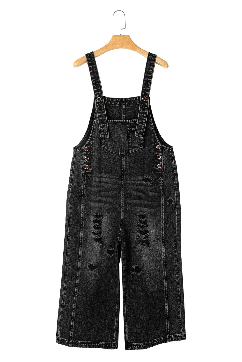 Black Distressed Wide Leg Denim Overall