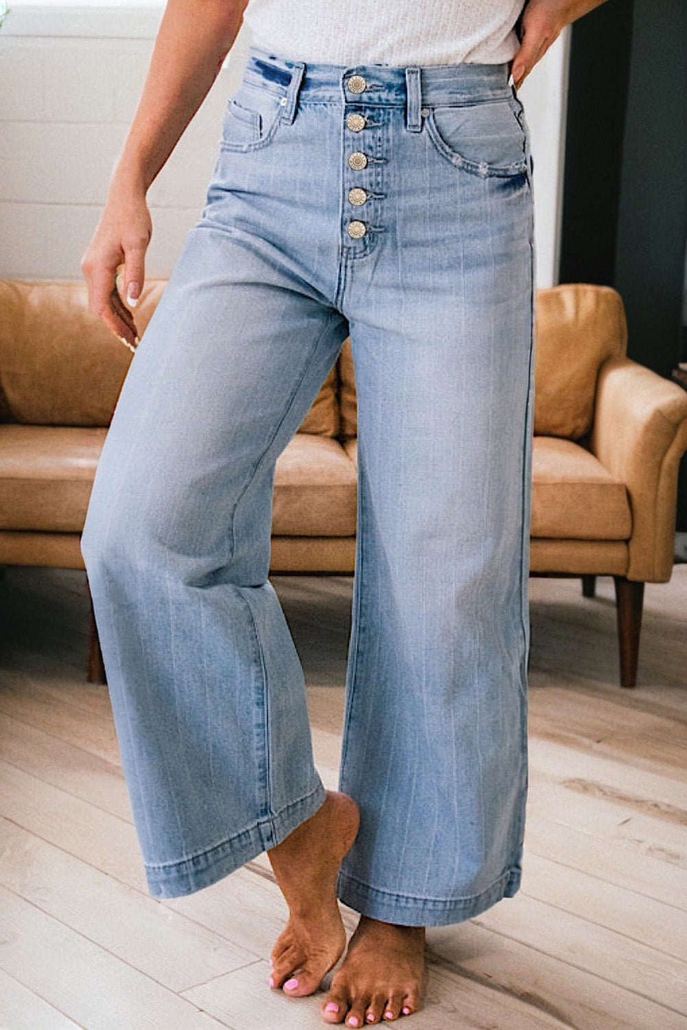Beau Blue Button Front Pinstripe Wide Leg Jeans