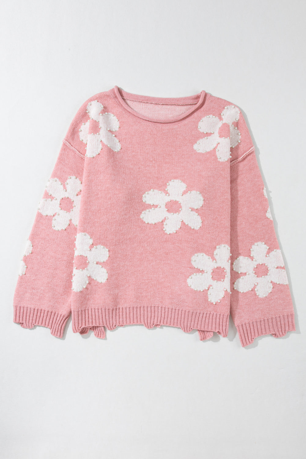 Pink Pearl Beaded Floral Drop Shoulder Sweater (on hand)