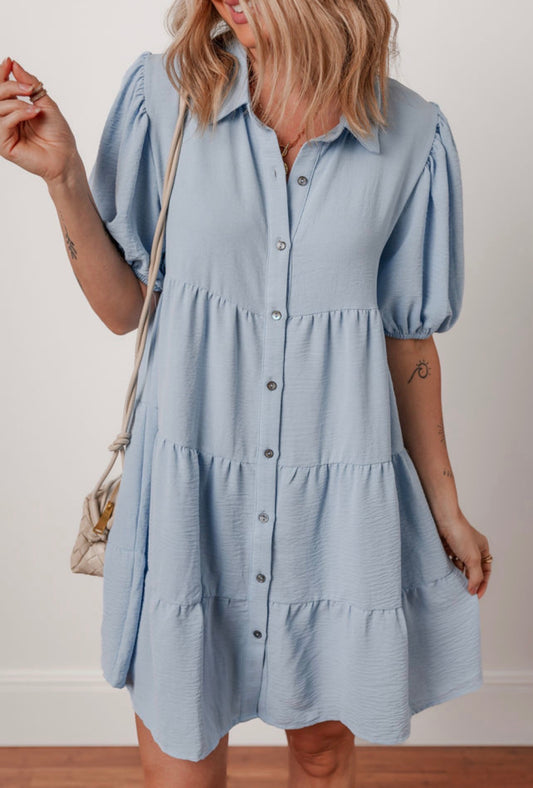 Blue Tiered Button Short Dress