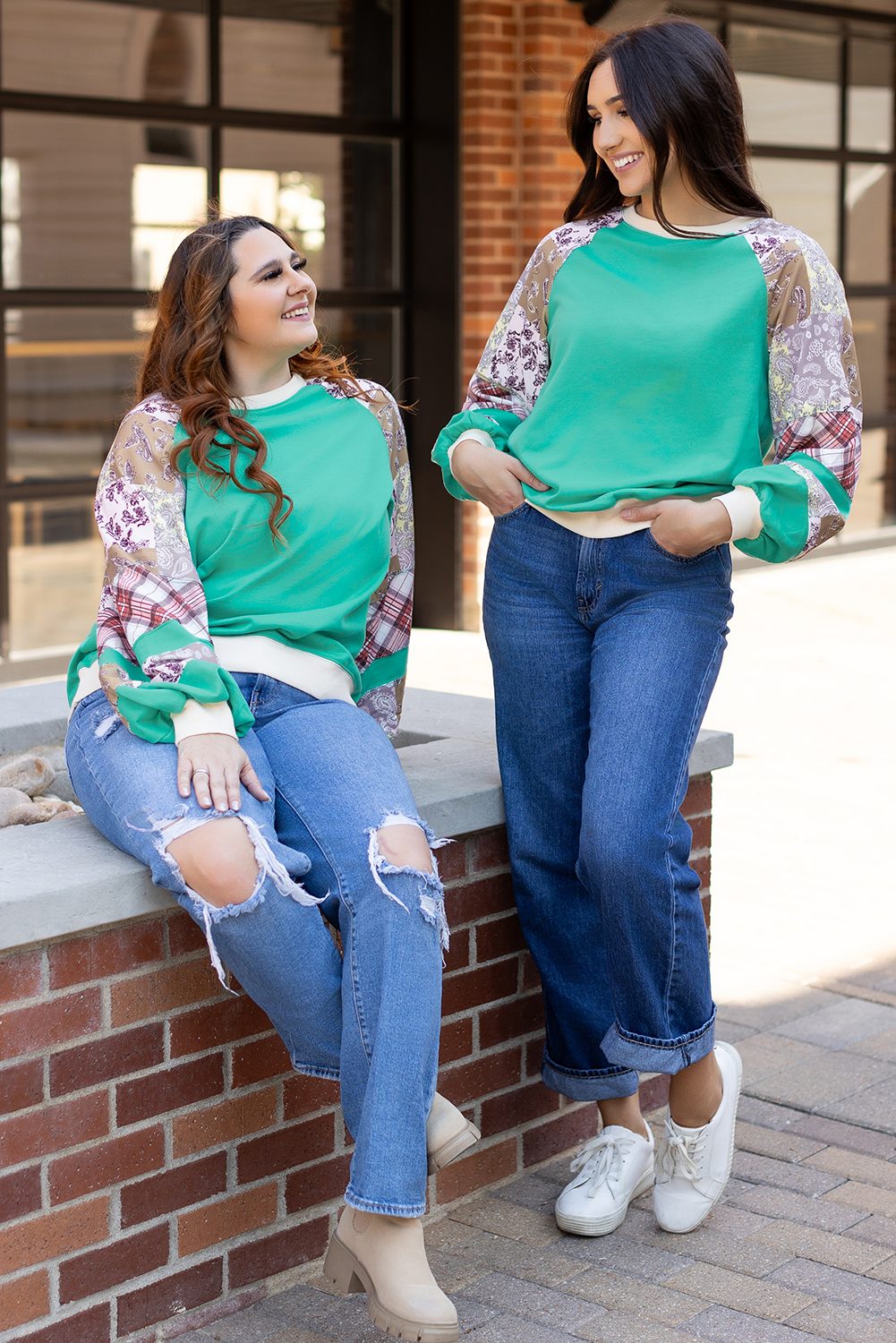 Green Plus Size Plaid Patchwork Sleeve Sweatshirt