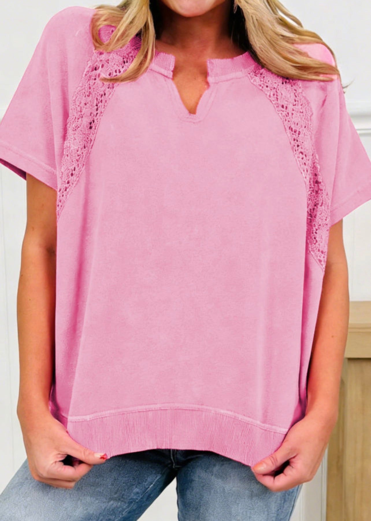 Pink Mineral Wash Notched Neck Lace Trim Tee
