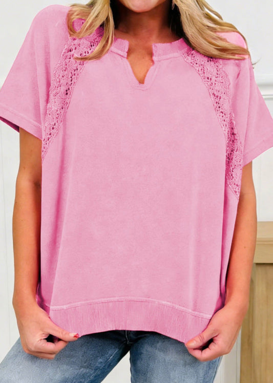 Pink Mineral Wash Notched Neck Lace Trim Tee