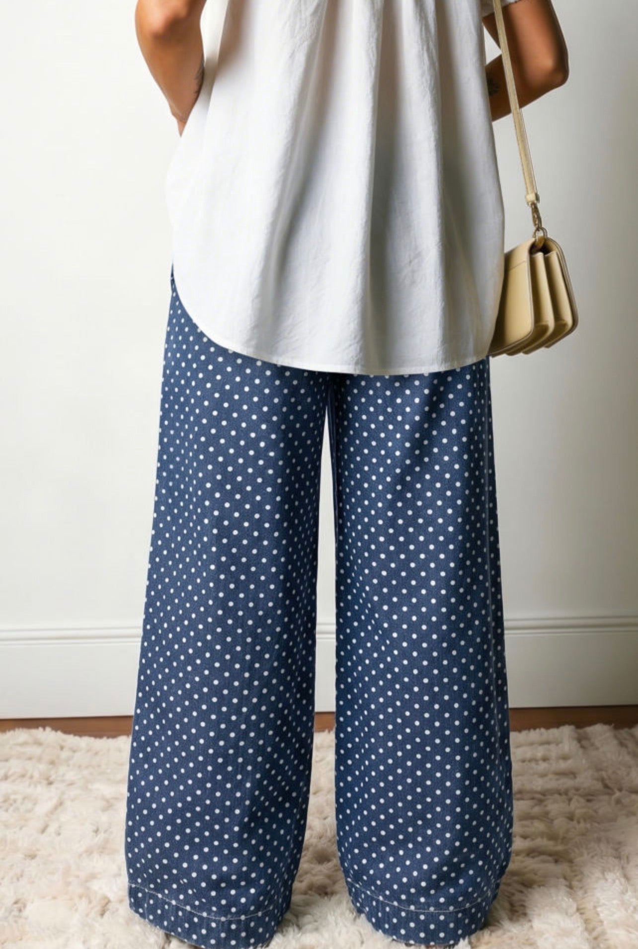 Preorder Button Front Pleated Wide Leg Polka Dot Full Length Jeans