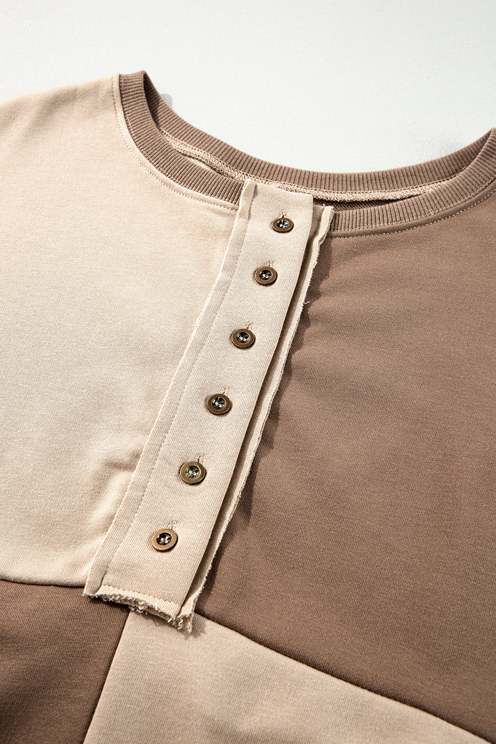 Brown Colorblock Henley Oversize Sweatshirt