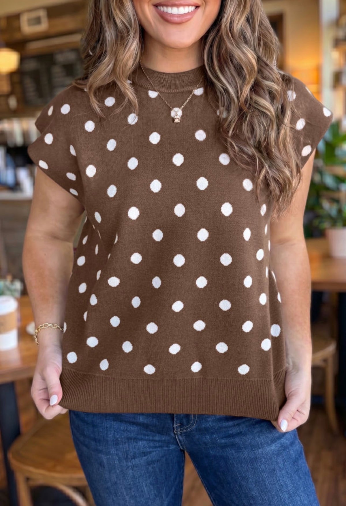 Brown Polka Dot Short Sleeve Sweater