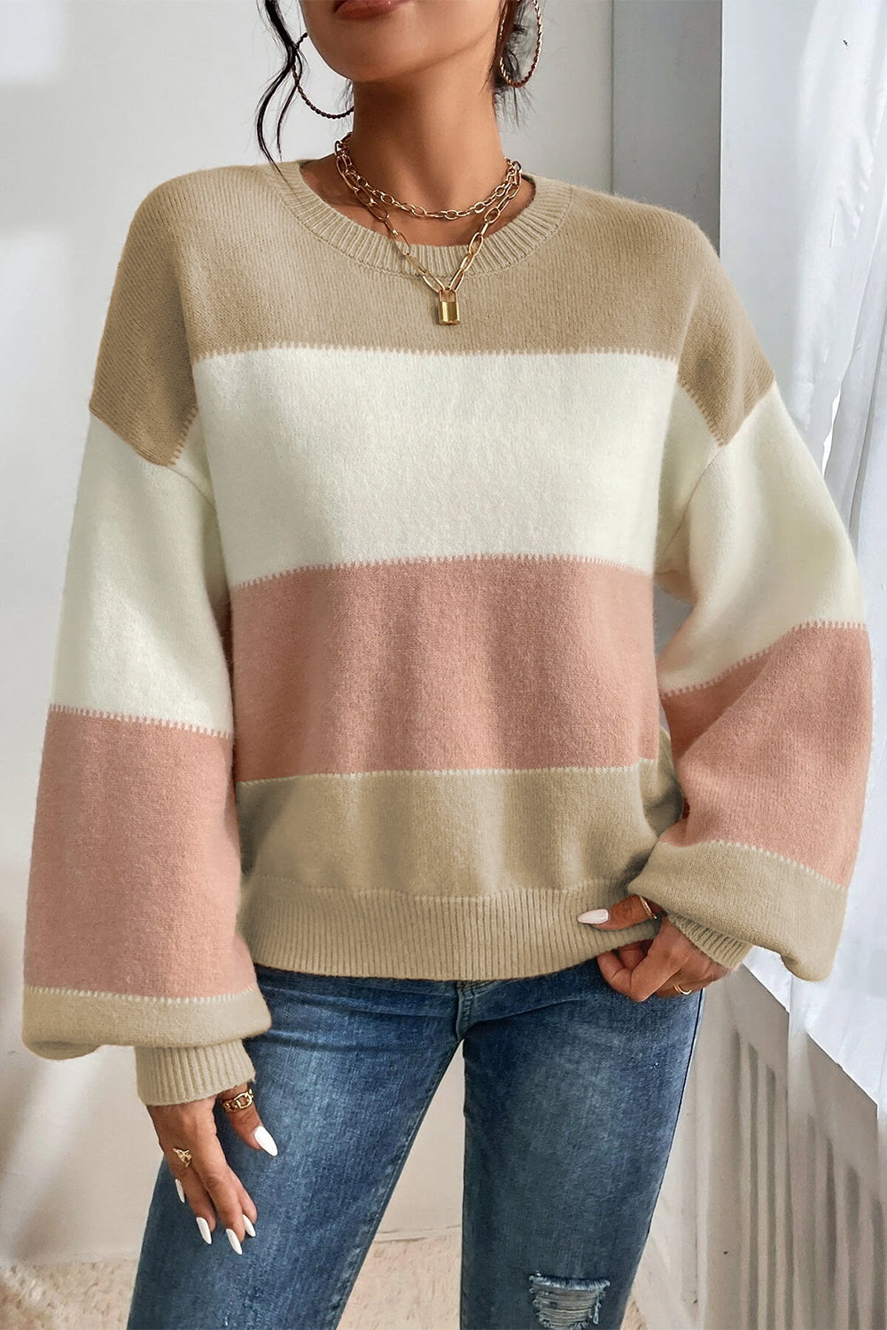 Khaki & Pink Lantern Sleeve Sweater