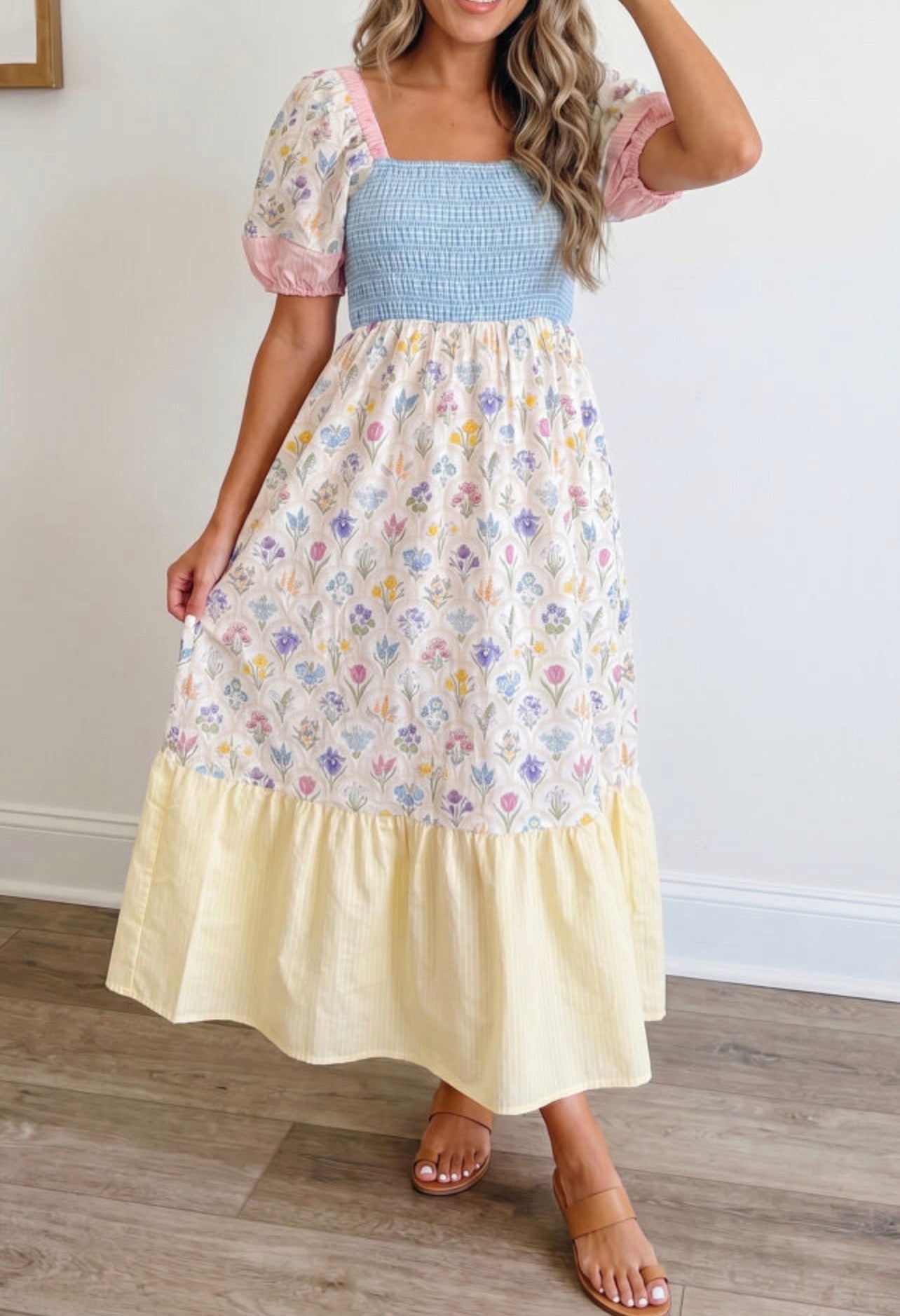 Mixed Print Patchwork Shirred Bodice Long Dress