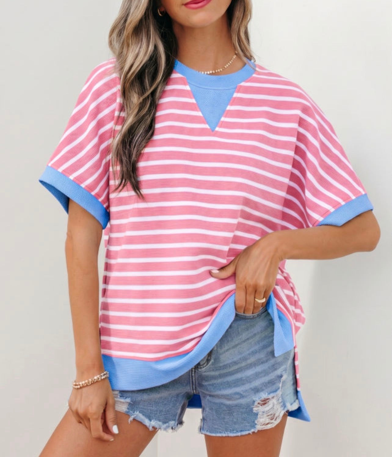 Pink Stripe Blue Contrast Trim Loose Short Sleeve Top