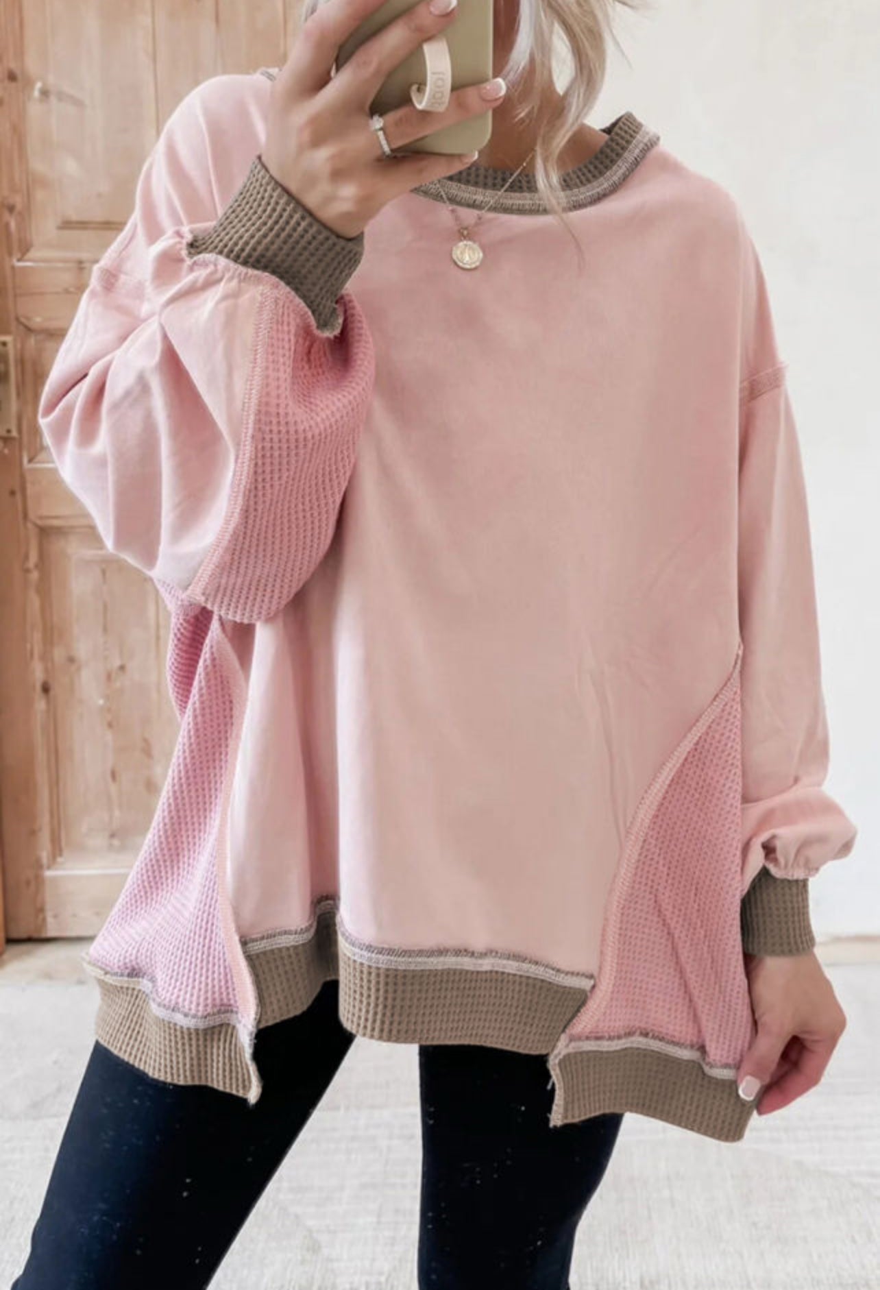 Pink Waffle Patchwork Oversized Sweatshirt
